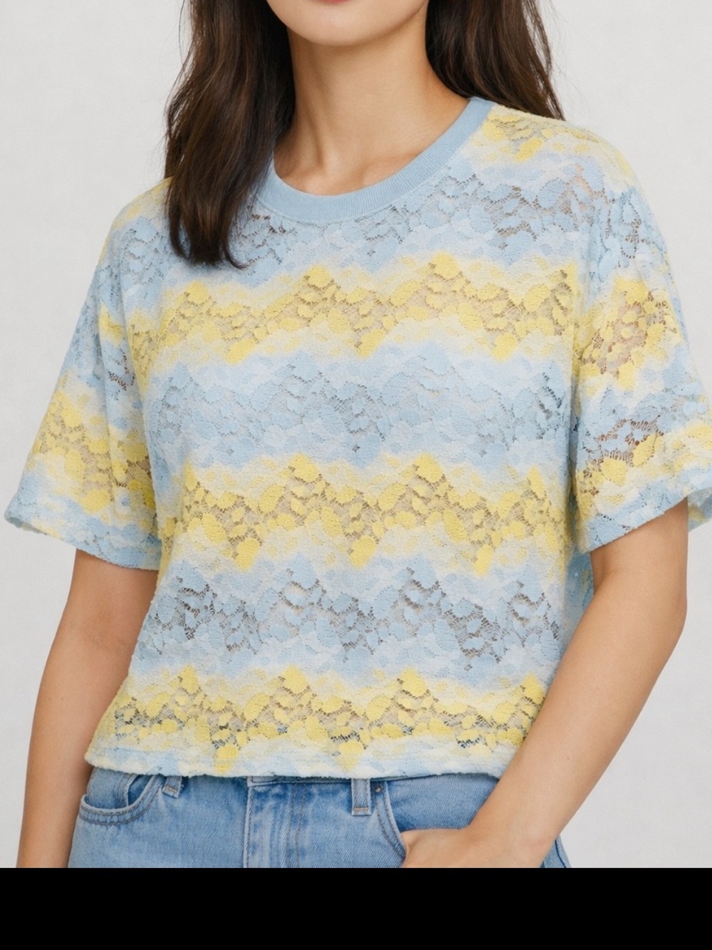 ZARA Womens Pastel Powder Blue Spring Yellow Lace Blouse Size Medium NWT